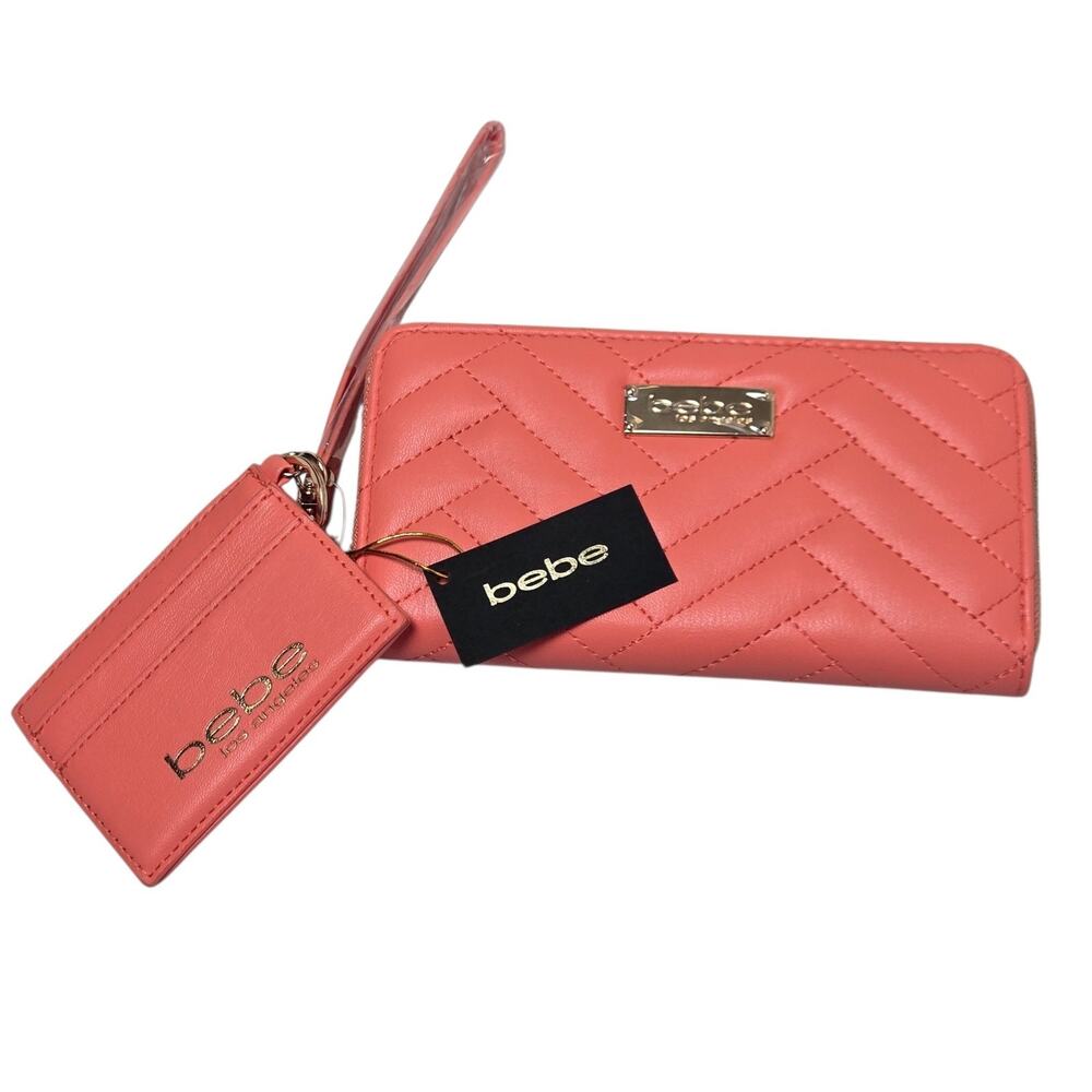 Bebe LA Faux Quilted Leather Wallet & Card Holder Set Coral